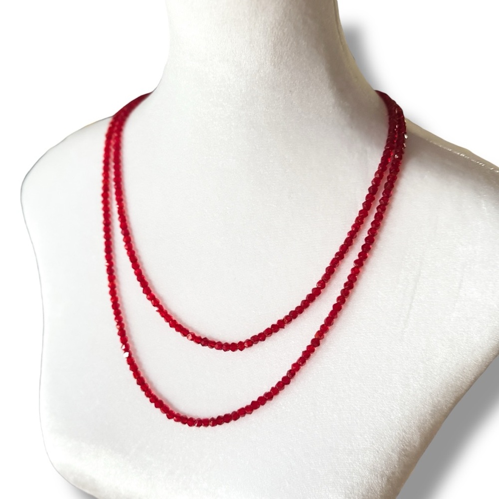 Vintage Red Crystal Bead Opera Length Necklace Long Strand Flapper